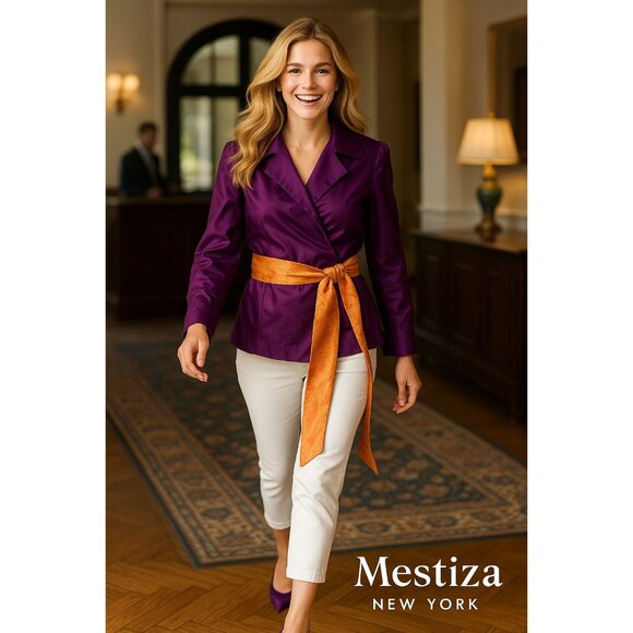Mestiza New York Large Dark Purple Silk Wrap Jacket Orange Brocade Waist Tie - Picture 10 of 10
